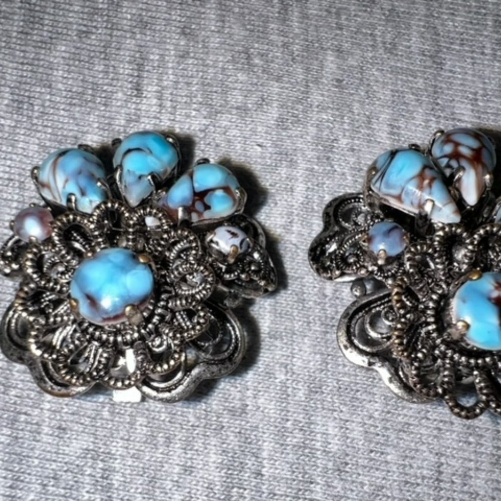 Vintage Art Nouveau Filigree Germany Turquoise Enamel Clip-On Earrings / D-2